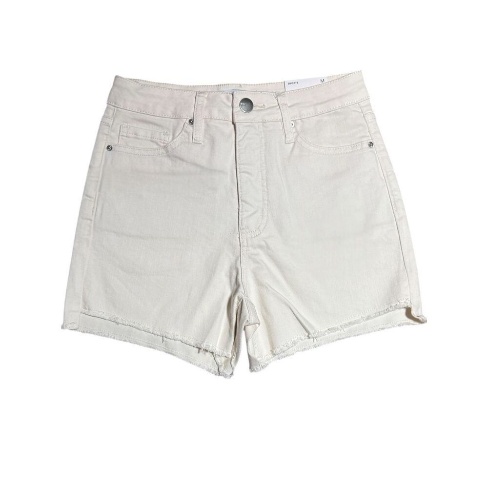 RFM Ivory High Rise Denim Shorts Tummy Control Frayed Step Hem Stretch Med NWT - Picture 10 of 11